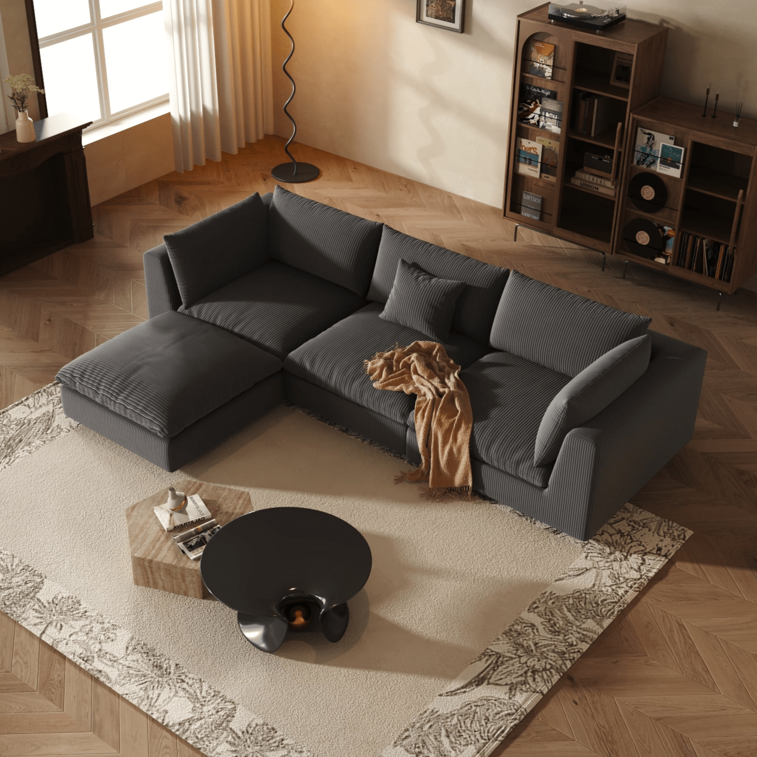 Modular Sectional Sofa - Black Corduroy - Fajiani