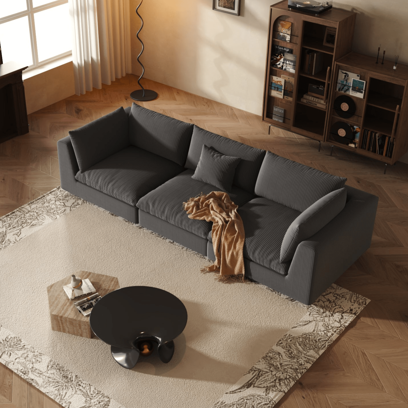 Modular Sectional Sofa - Black Corduroy - Fajiani