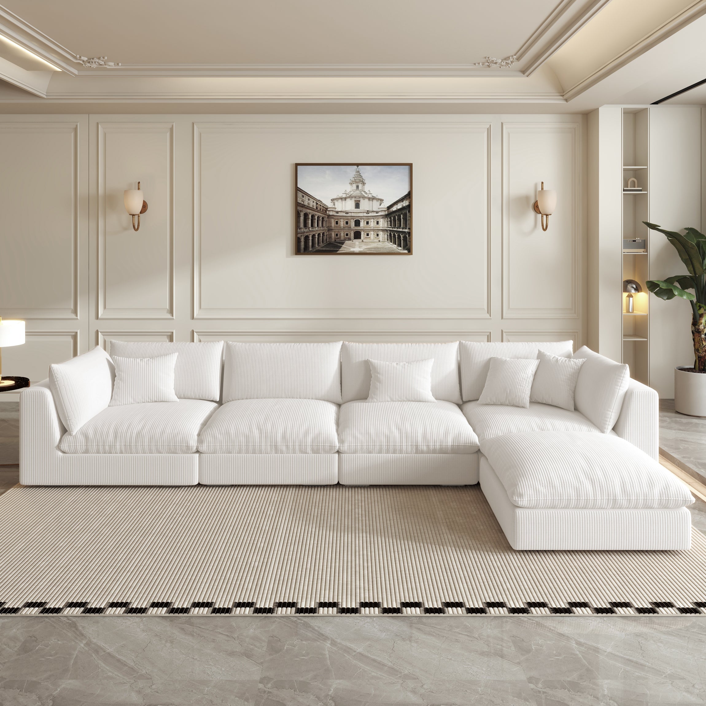 Oversized Sectional Sofa - White Corduroy - Fajiani