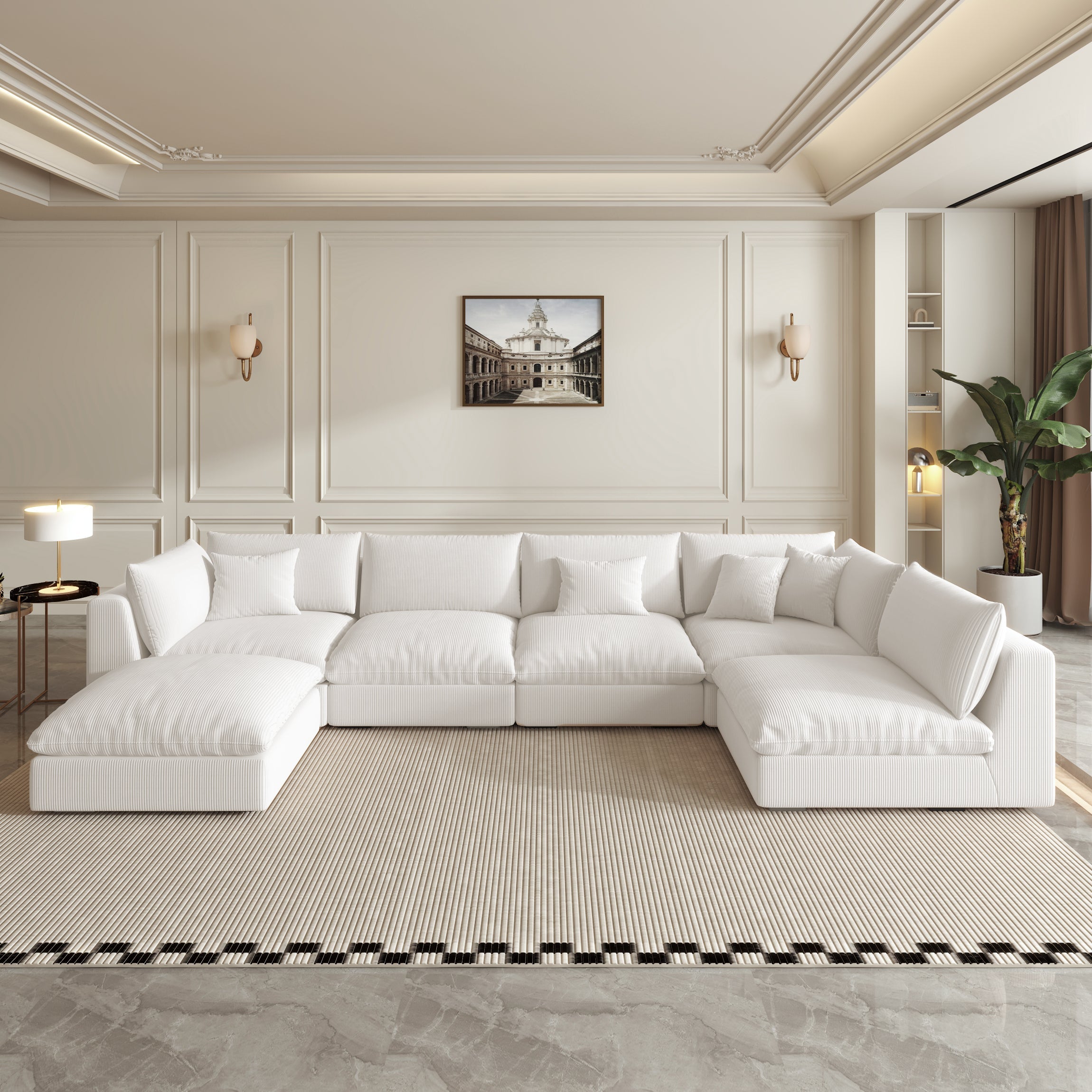 Oversized Sectional Sofa - White Corduroy - Fajiani